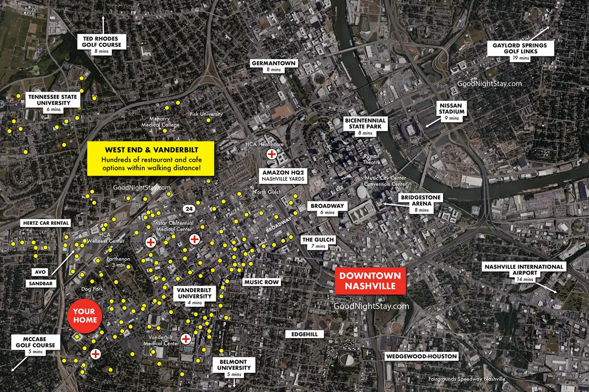 A vibrant view encompassing the West End and Vanderbilt areas, showcasing downtown Nashville’s skyline as well as nearby restaurants and cafes. The street scene captures lively activity and hints at local nightlife and dining options, with visible landmarks anchoring the urban energy.