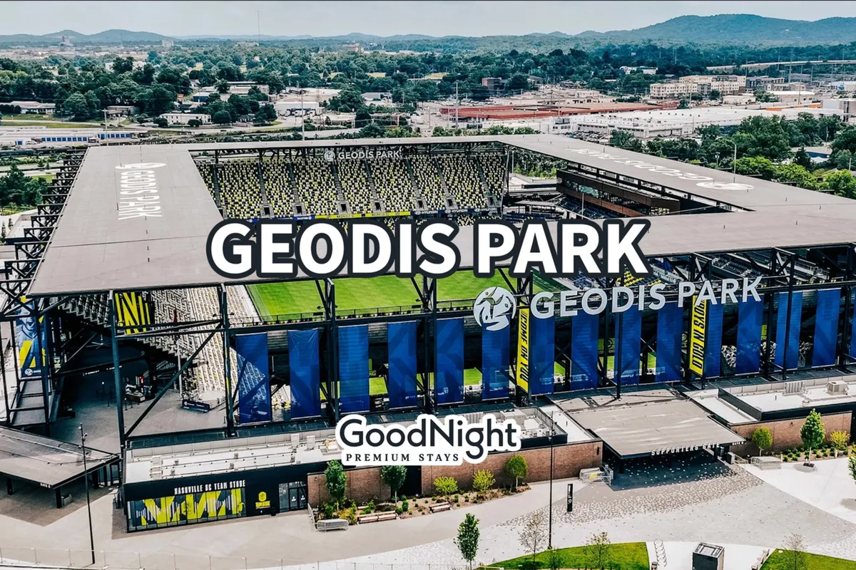 Geodis Park stadium is prominently featured, surrounded by landscaped grounds. The lively stadium atmosphere evokes excitement and the potential for attending sports and entertainment events as a family.